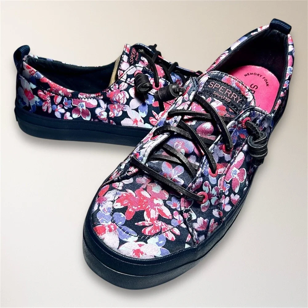 Sperry Crest Vibe 9.5 Floral Canvas Sneakers Pink Blue‎ Lace Up Casual STS87000